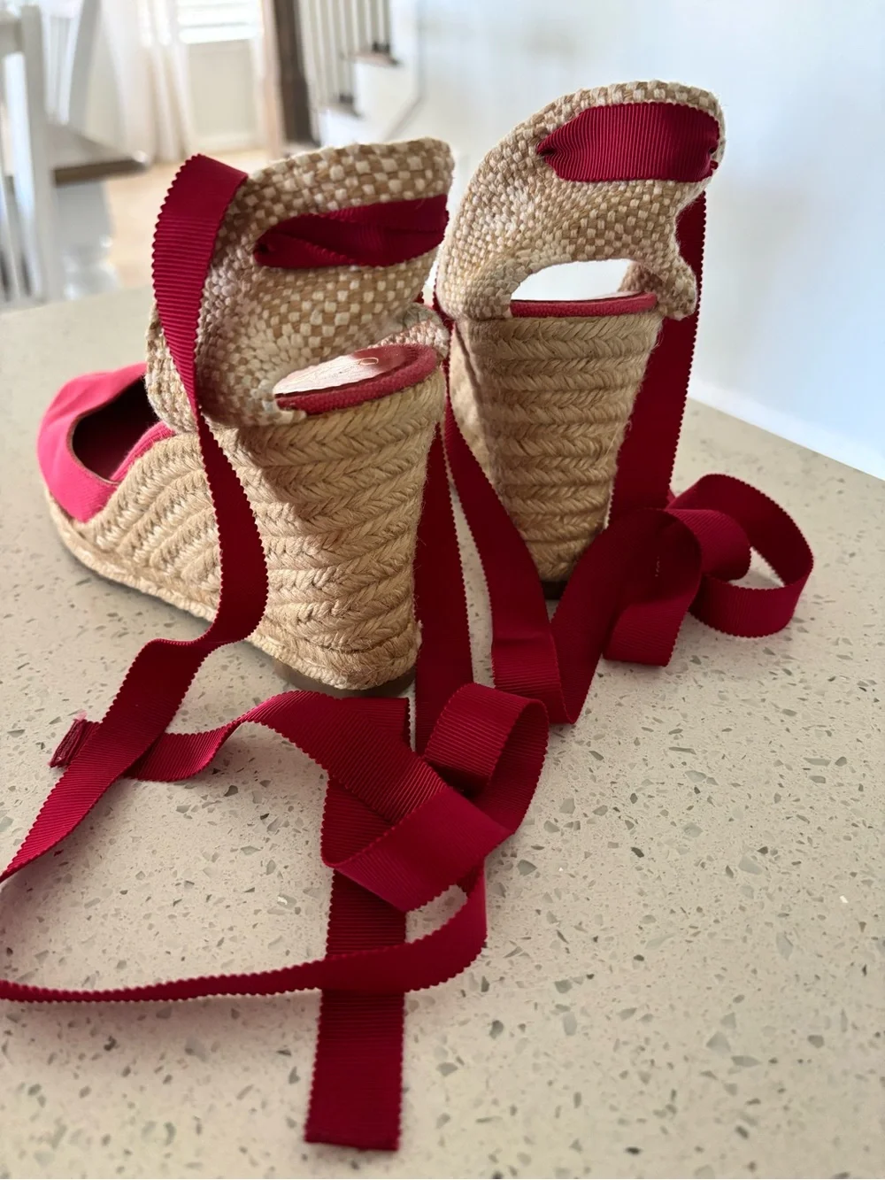 Christian Louboutin Canvas Wedge Espadrilles Fuschia Pink Brigitte Ribbon Ankle
